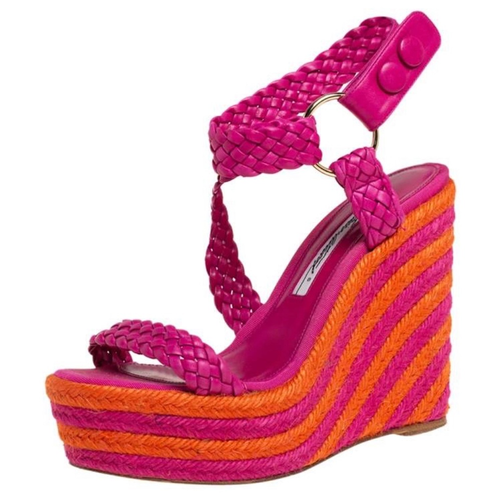 Brian Atwood Pink/Orange Woven Leather Wedge platform Sandals Size 37 no box